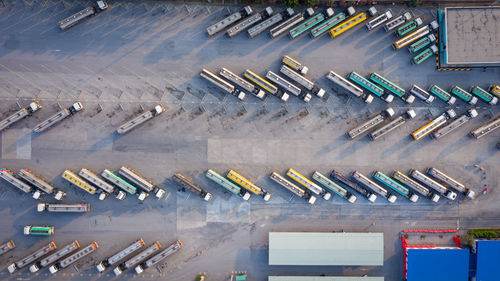 Aerial top view automobile or automotive fuel tankers business and industry fuel, semi truck