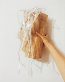Cropped image of hand holding rolled up paper with plastic against white wall