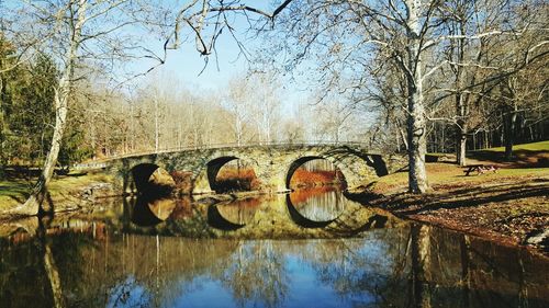 Arch bridge over lake against sky