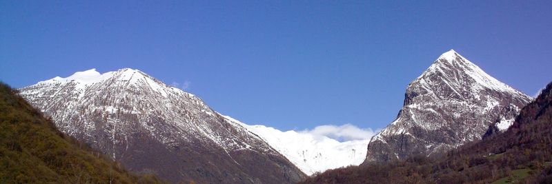 Scenic view of snowcapped mountains against clear blue sky