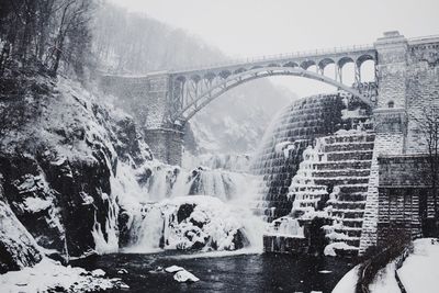 Bridge over river against mountain