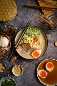 High angle view of meal served on table