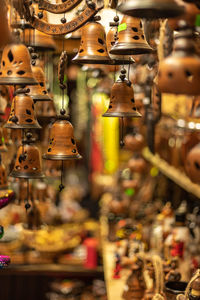 Hand crafted trinket gifts at the christmas market in poland wooded bells and tree orn