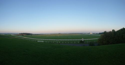 Scenic view of field against clear sky