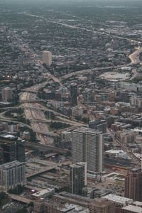 High angle view of buildings in city against sky