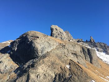 Low angle view of rock formation against clear blue sky