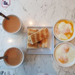 High angle view of breakfast served on table