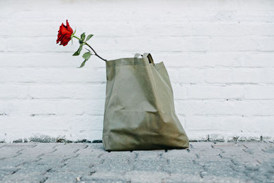 One red rose in eco-friendly shopping bag made of natural material outdoors. zero waste shopper bag