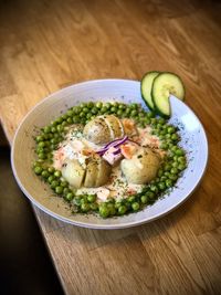 High angle view of salad in bowl on table