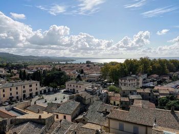 High angle view of townscape against sky