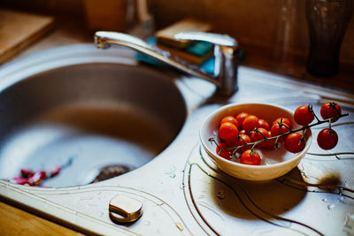 High angle view of fruits in bowl on table