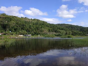 Scenic view of lake by trees against sky