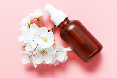 Bottle with serum and flower on a pink background close-up.