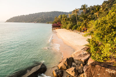 Scenic view of beach against clear sky