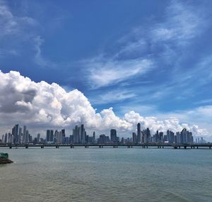 Panoramic view of sea and buildings against sky