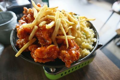 High angle view of pasta in plate on table