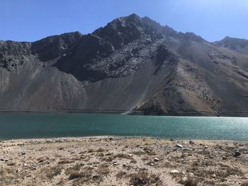 Scenic view of lake and mountains against clear sky