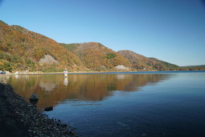 Scenic view of lake against clear blue sky