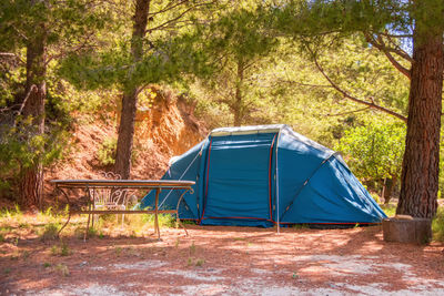 Blue tent set up in a mediterranean forest.