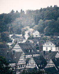 High angle view of buildings against sky