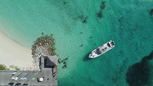 Aerial view of yacht moored at sea