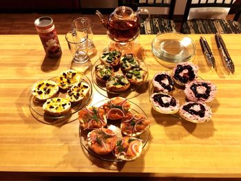 High angle view of breakfast on table