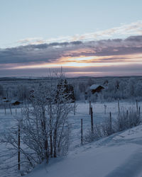 Scenic view of snow covered field against sky during sunset