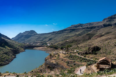 Scenic view of river and mountains against blue sky