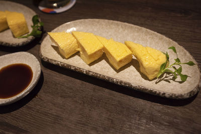 High angle view of meal served on table