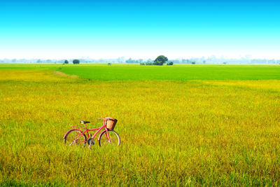 Bicycle on field against sky