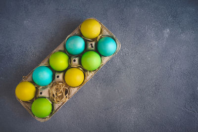 High angle view of multi colored candies on table