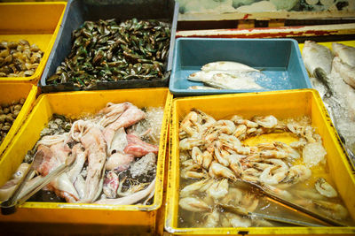 High angle view of fishes for sale at market