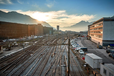 High angle view of cityscape against sky during sunset
