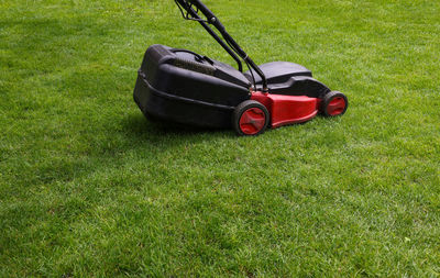 High angle view of toy car on field