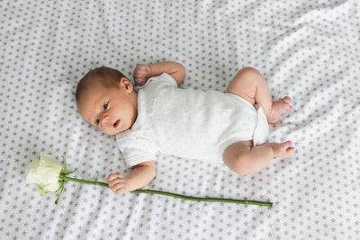 High angle view of baby with flower lying on bed