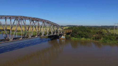 Bridge over river against clear blue sky