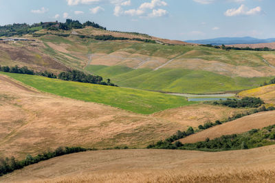 Agricultural panoramic view of asciano area during harvest time, siena province, tuscany, italy