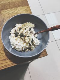 High angle view of salad in bowl on table