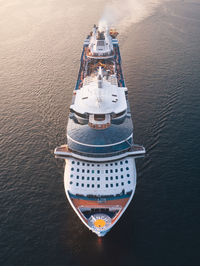 High angle view of ship sailing in sea