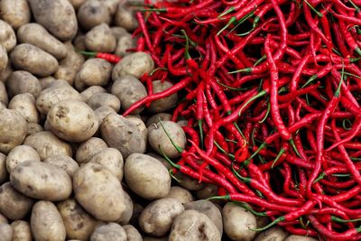 Full frame shot of red chili peppers for sale at market stall