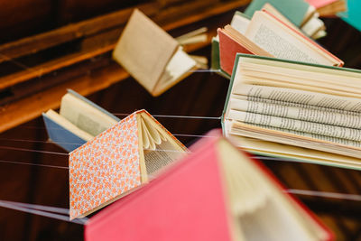 High angle view of books on table