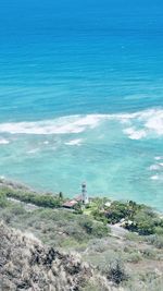 High angle view of beach against blue sky