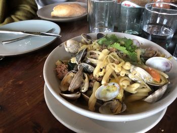 High angle view of food in bowl on table