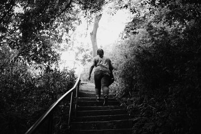 Rear view of woman walking on staircase by plants