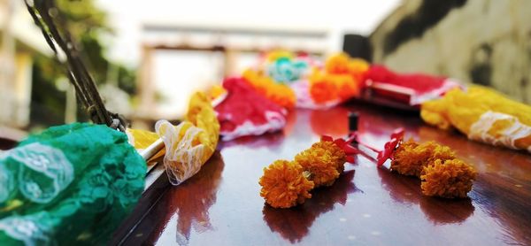 Close-up of multi colored candies on table