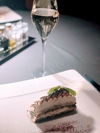 Close-up of cake served on table