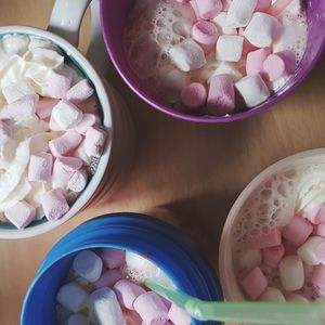High angle view of cupcakes on table