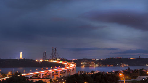 Illuminated bridge over river against cloudy sky