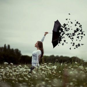 Digital composite image of woman standing on field against sky