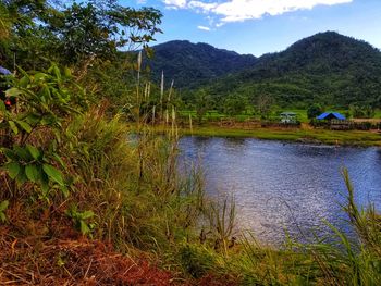 Scenic view of lake and mountains against sky